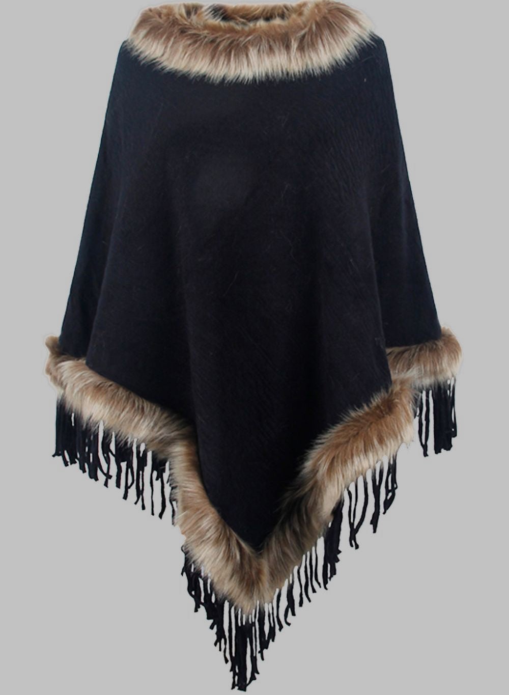 Berg-Feldt | Elegante Damen Poncho mit Pelzkragen und Fransen