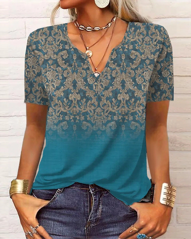 T-shirt à manches longues à fleurs et col en V ample Fudus pour femme