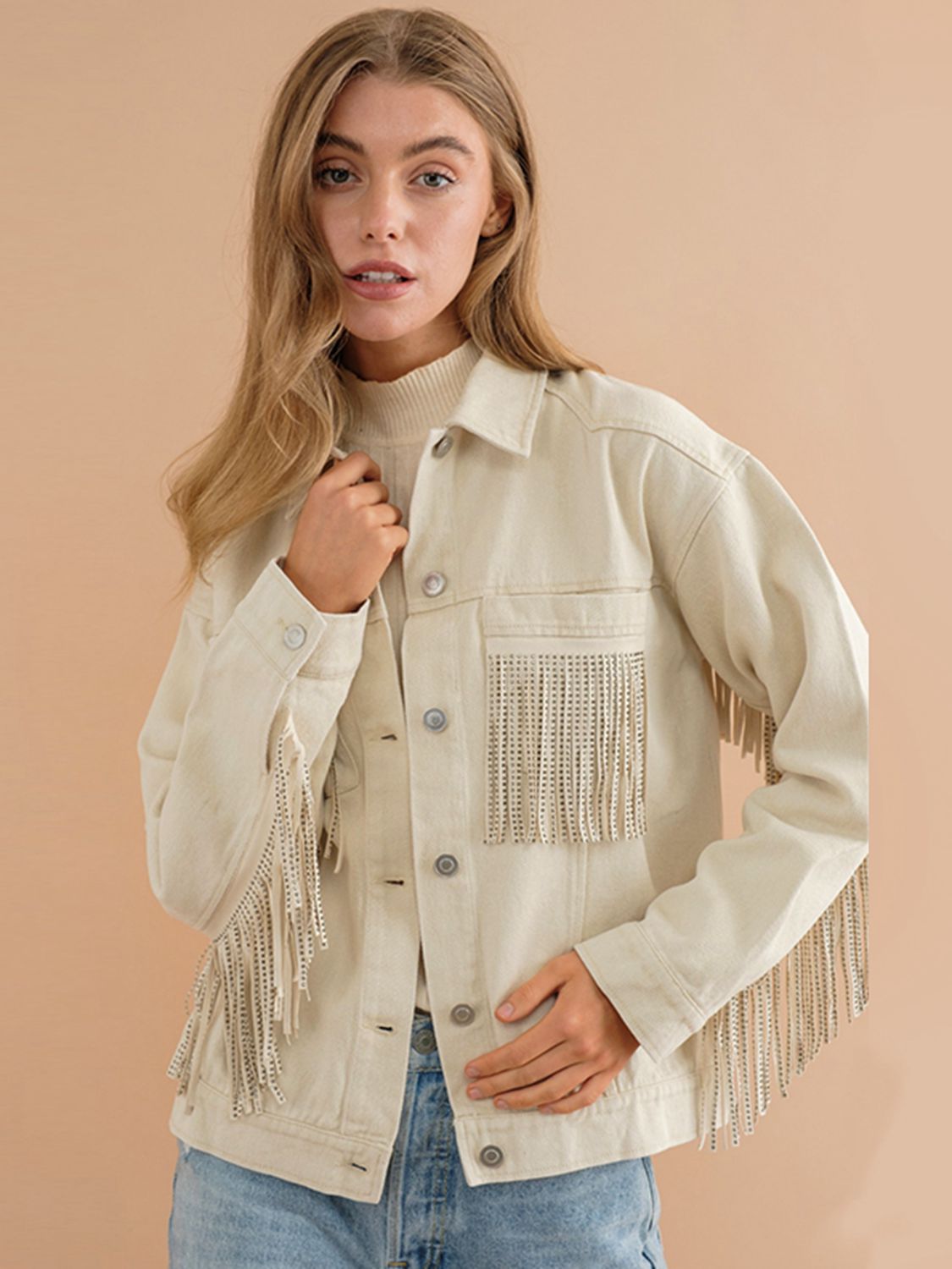Berg-Feldt | Fransen-Detail Gefallene Schulter Denimjacke