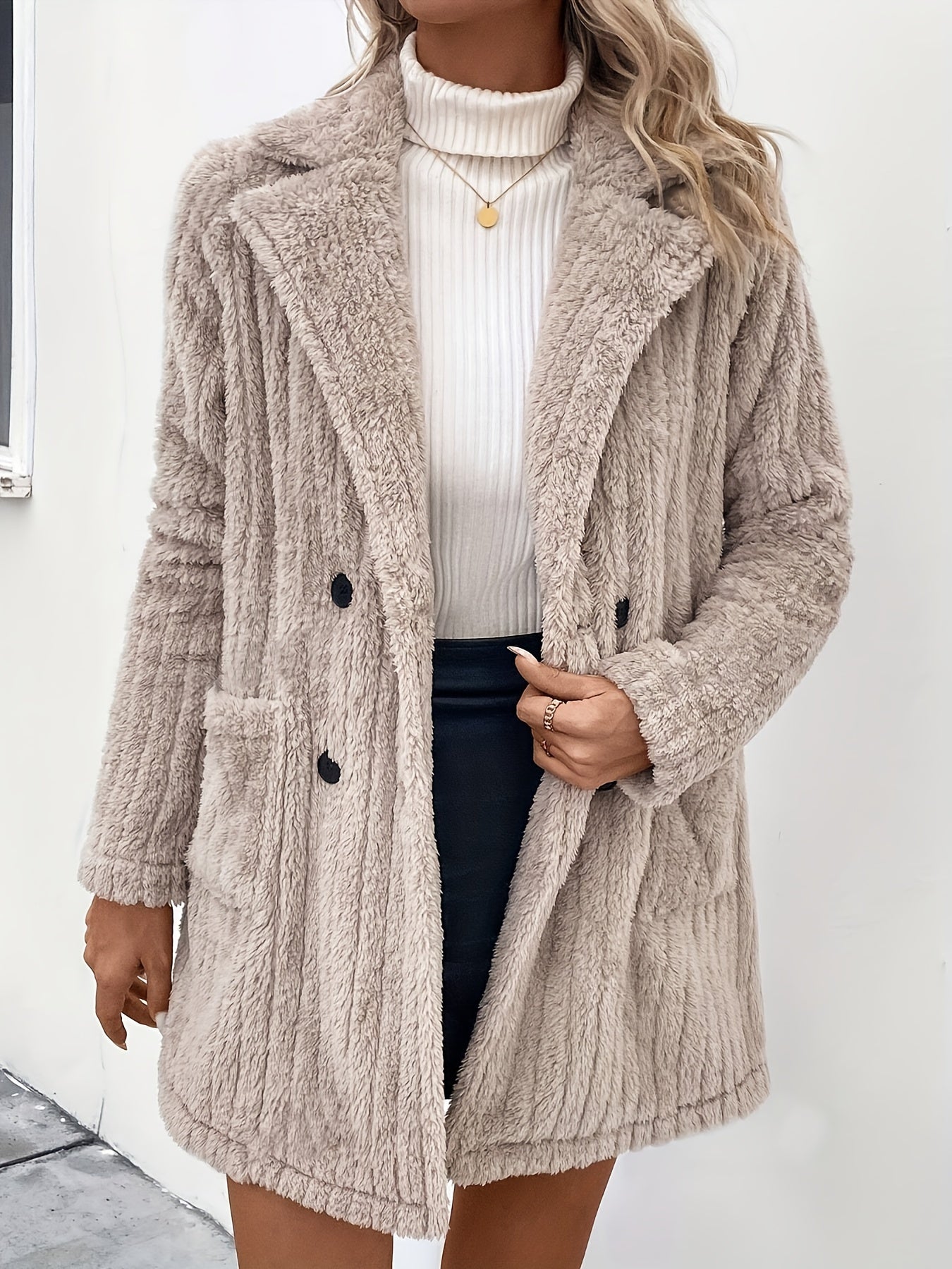 Berg-Feldt | Doppelknopf-plüschjacke mit Reverskragen Polyester Weich und Warm