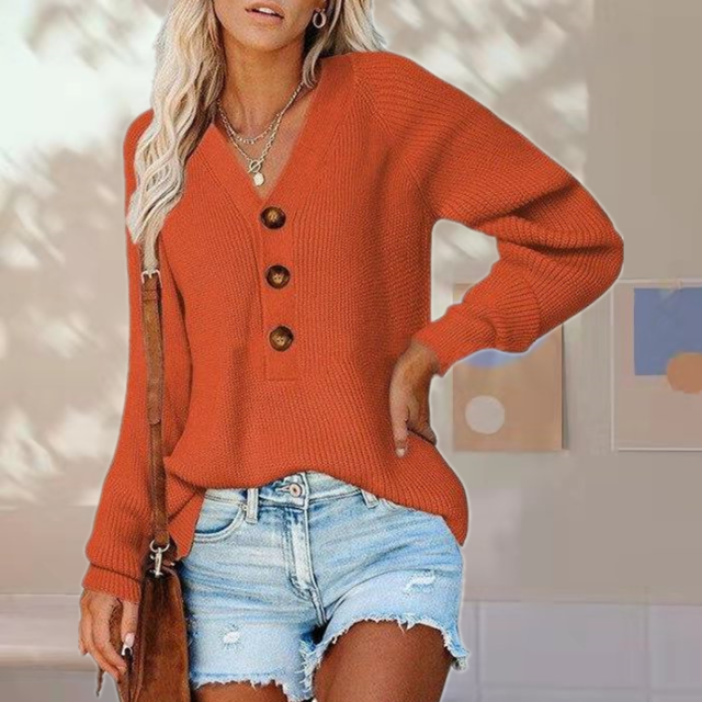 Berg-Feldt | Pullover - Damen Herbst Knopf V-Ausschnitt Strickpullover