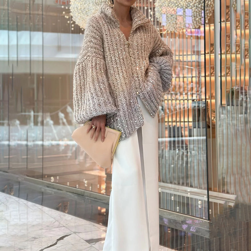 Berg-Feldt | Strickpullover mit Pailletten Ballonärmel Elegant und Handstrick-look