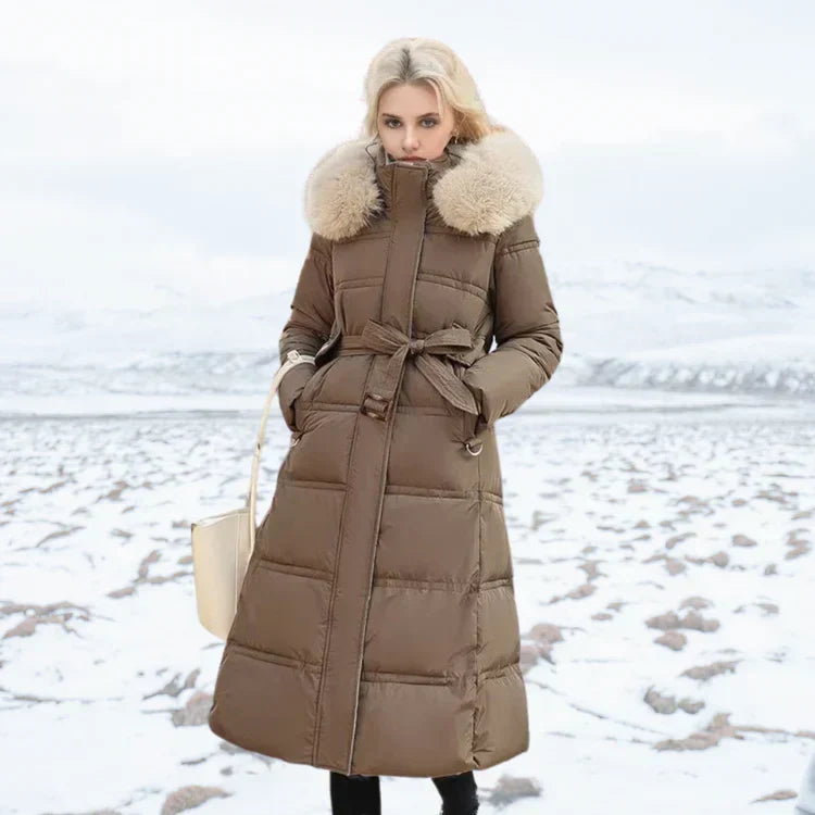 Berg-Feldt | Slim Fit Überknielange Jacke mit Pelzkragen und Gürtel