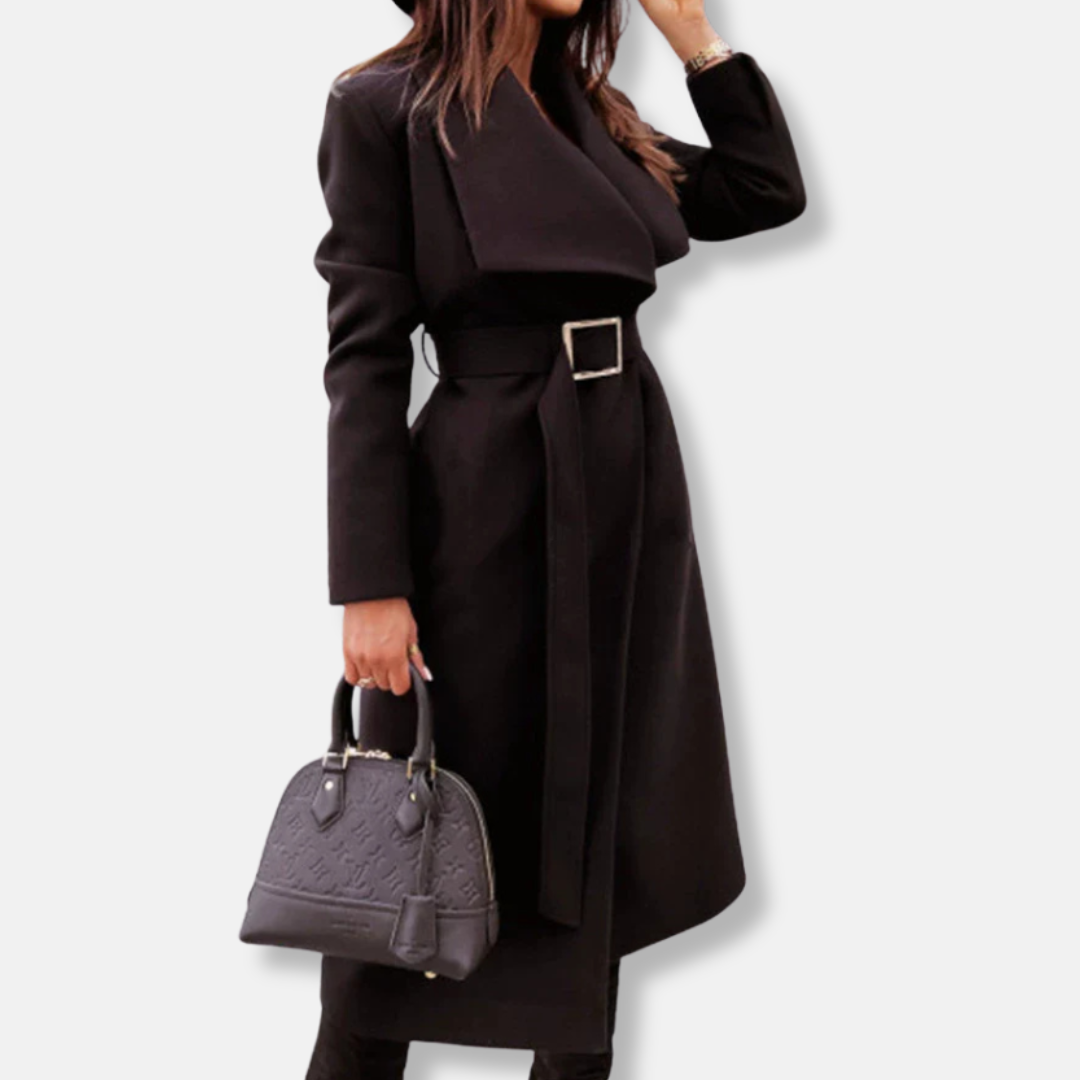 Berg-Feldt | Long manteau – Coupe décontractée sur mesure – Ceinture – Revers drapé – Boucle dorée