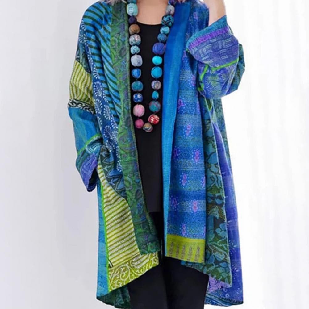Berg-Feldt | Kimono-Jacke - Bohemian-Patchwork-Design - Leicht und Luftig - Langärmlig Offene Vorderseite