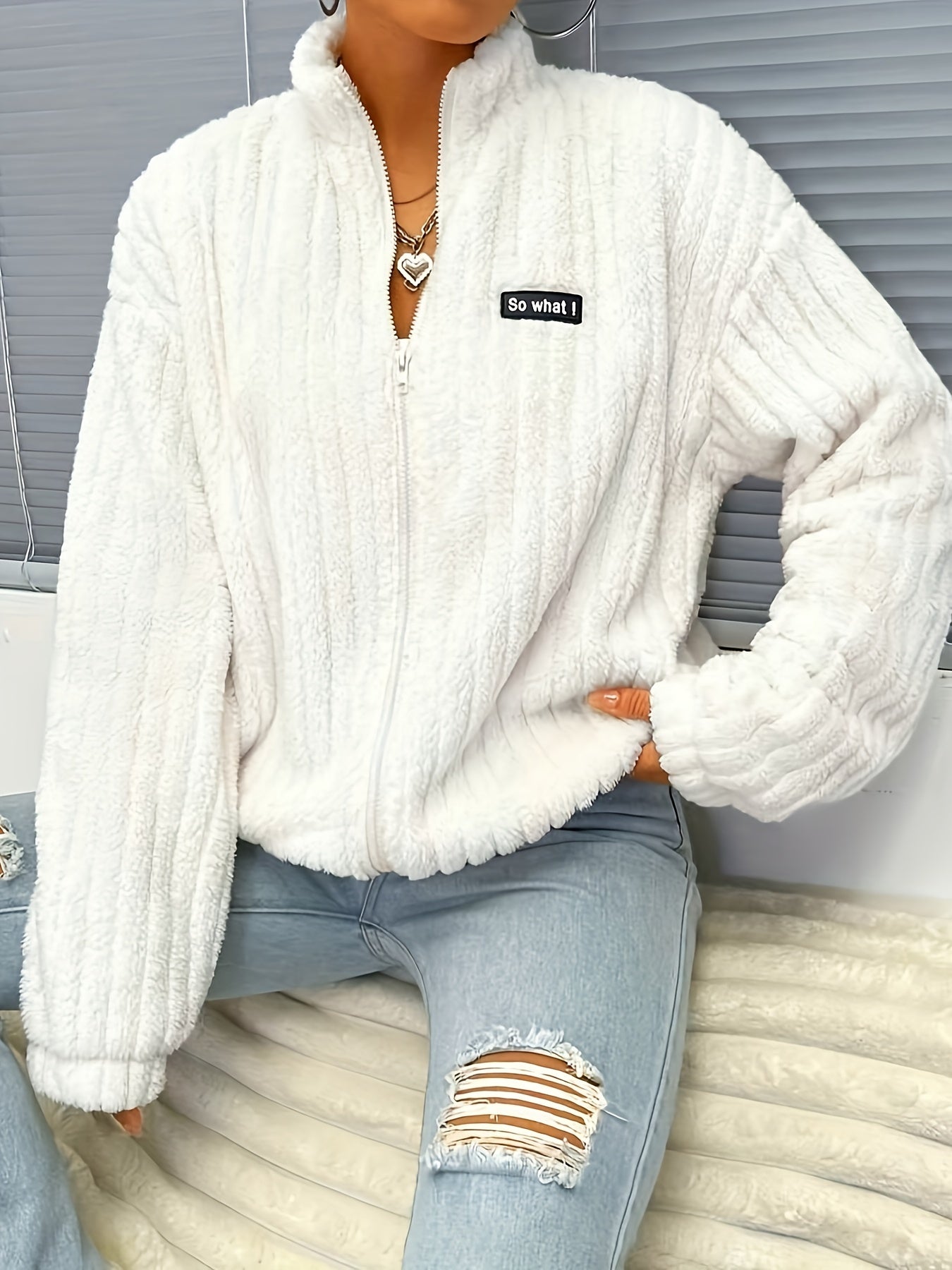 Berg-Feldt | Plüsch Zip-up Jacke mit Text-patch Polyester Weich und Warm