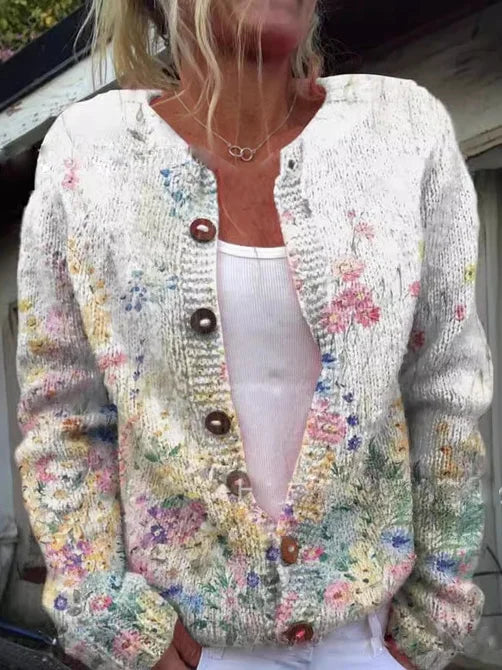 Berg-Feldt | Knopflose Strickjacke mit Blumenmuster Strick Elegant und Komfortabel