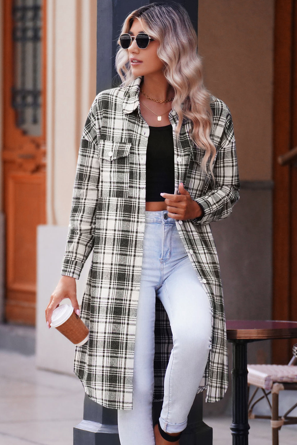 Berg-Feldt | Karierter Button-Up Longline Shacket mit Brusttaschen