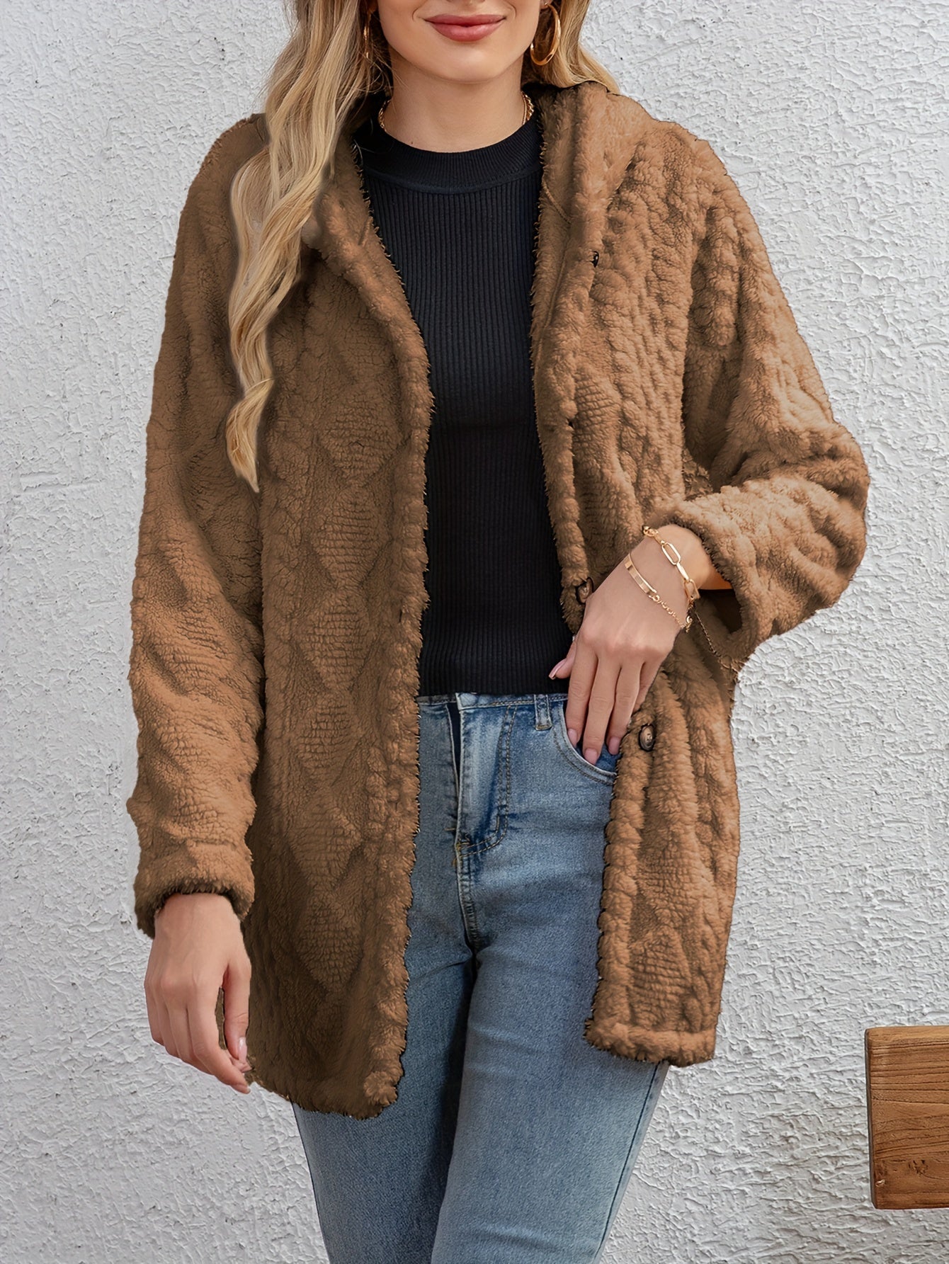 Berg-Feldt | Fluffy Kapuzenjacke mit Knöpfen Polyester Weich und Warm