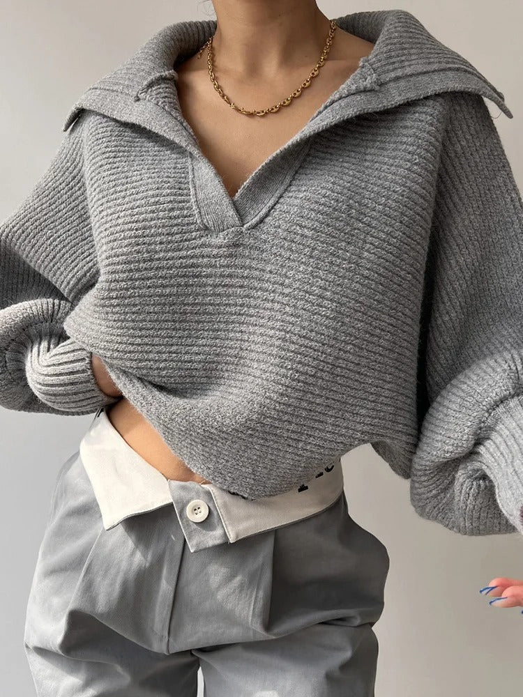 Berg-Feldt | Strickpullover mit Laternenärmeln und offenem Kragen