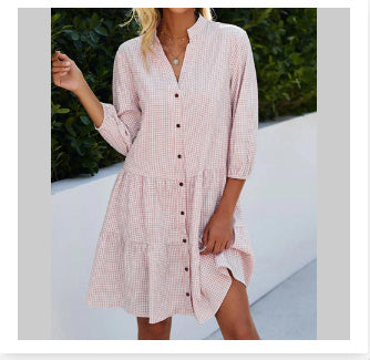 Robe pour femme : Tendance, à carreaux, col en V, manches trois quarts de Fudus