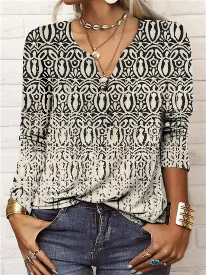 T-shirt à manches longues à fleurs et col en V ample Fudus pour femme