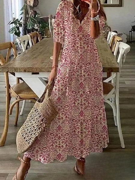 Robe berg-feldt pour femme : longue, imprimée, avec manches 3/4 et encolure en V