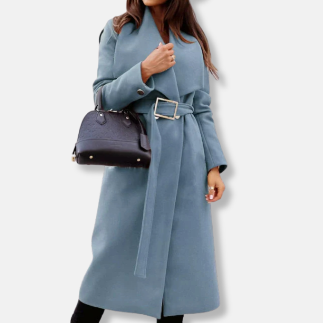 Berg-Feldt | Long manteau – Coupe décontractée sur mesure – Ceinture – Revers drapé – Boucle dorée