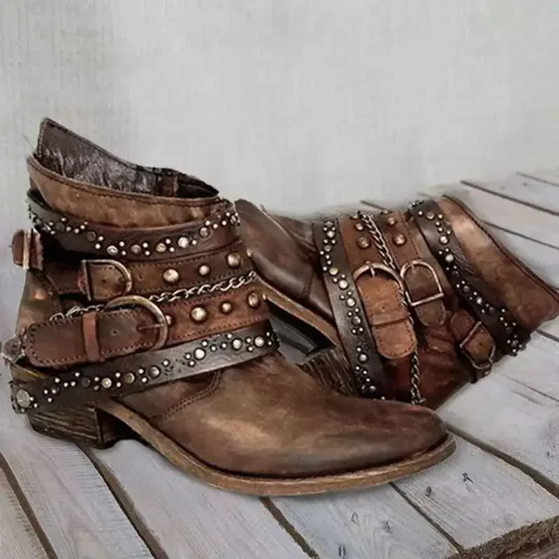 Berg-Feldt Bottes western pour femme, hauteur cheville, motif moucheté et clous