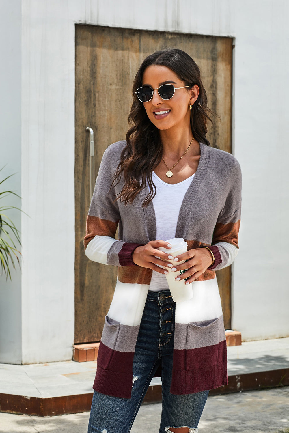 Berg-Feldt | Farbblock Offene Front Rippbündchen Cardigan mit Taschen