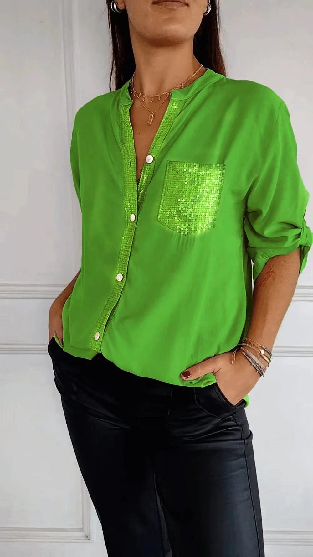 Chemise femme, décontractée, manches longues, avec poches à sequins