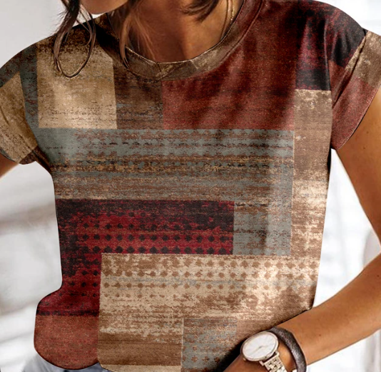 T-shirt d'été à carreaux pour femme, col rond, par Fudus