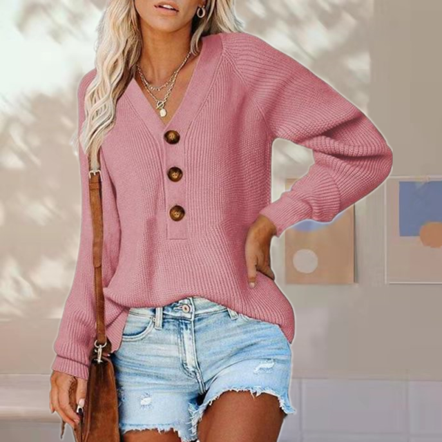 Berg-Feldt | Pullover - Damen Herbst Knopf V-Ausschnitt Strickpullover