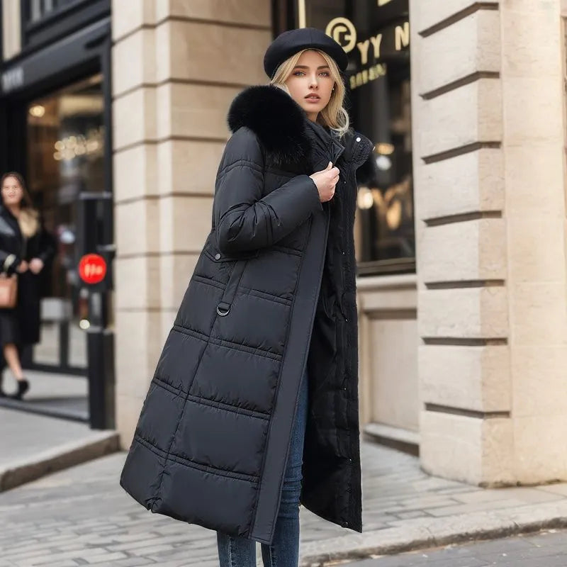 Berg-Feldt | Veste longue d'hiver pour femme avec capuche en fourrure et ceinture