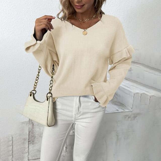 Berg-Feldt | V-ausschnitt Pullover mit Rüschendetails Baumwolle Weiches und Elegantes Design