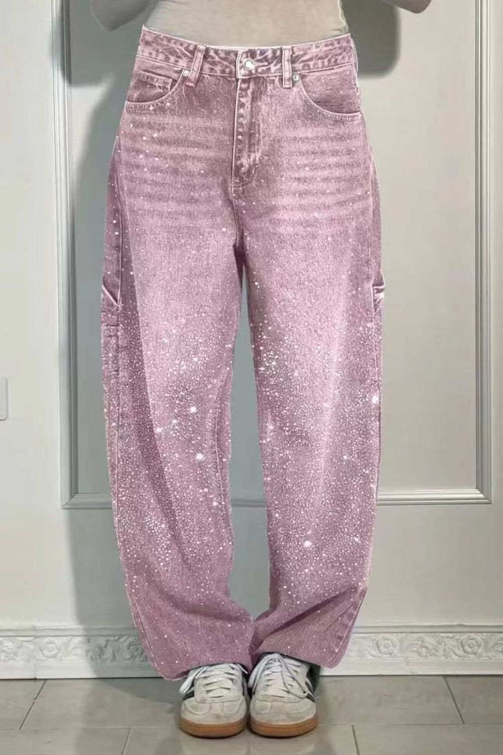 Jeans Berg-Feldt pour femme : Coupe large, délavé, avec strass