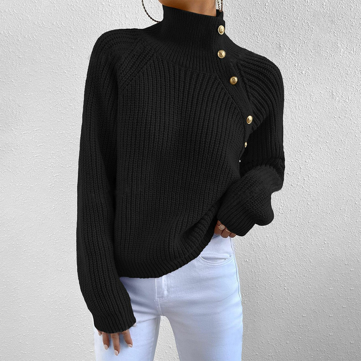 Berg-Feldt | Strickpullover mit Hohem Kragen und Knopfdetails Wollmischung Elegant und Warm