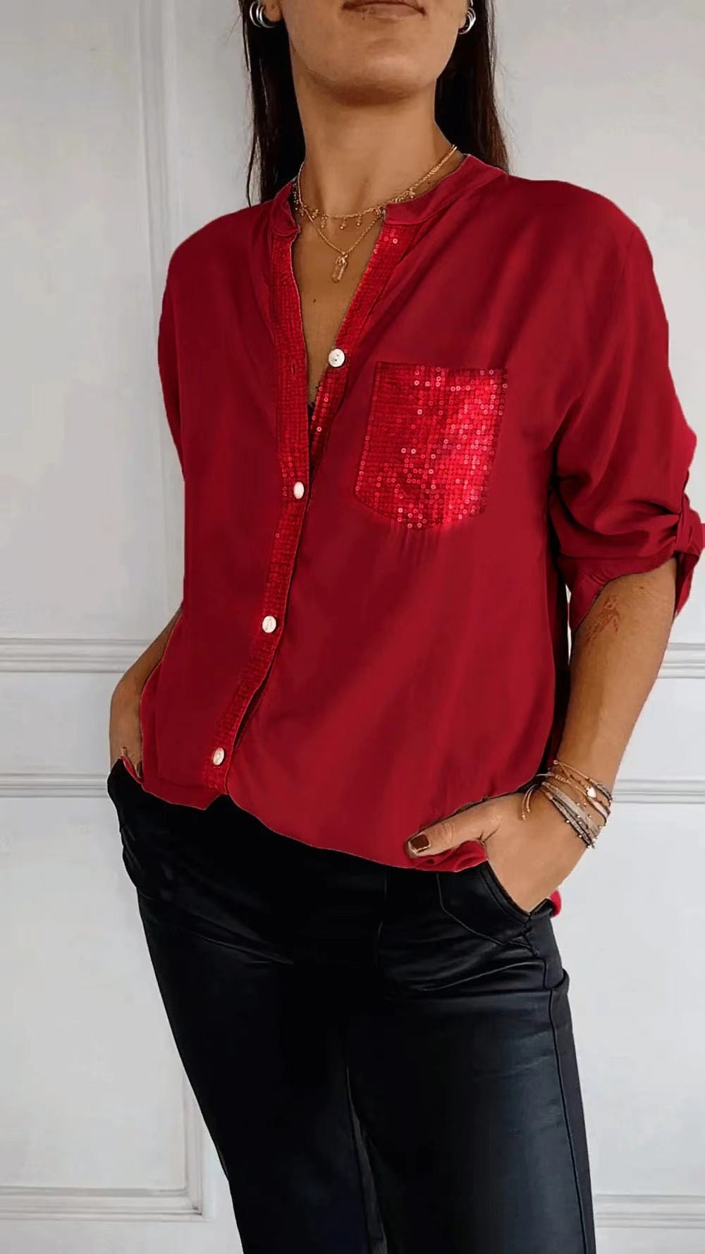 Chemise femme, décontractée, manches longues, avec poches à sequins