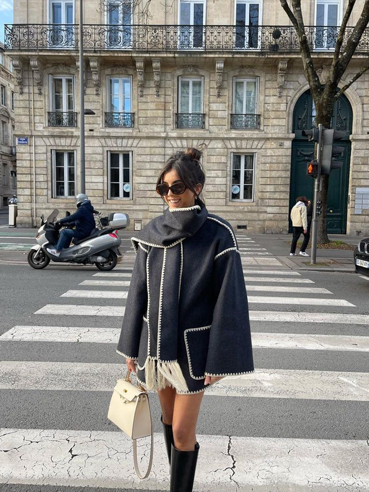Berg-Feldt | Mantel Poncho-Stil - Oversized Passform - Wollmischung - Hoher Kragen - 3/4 Ärmel