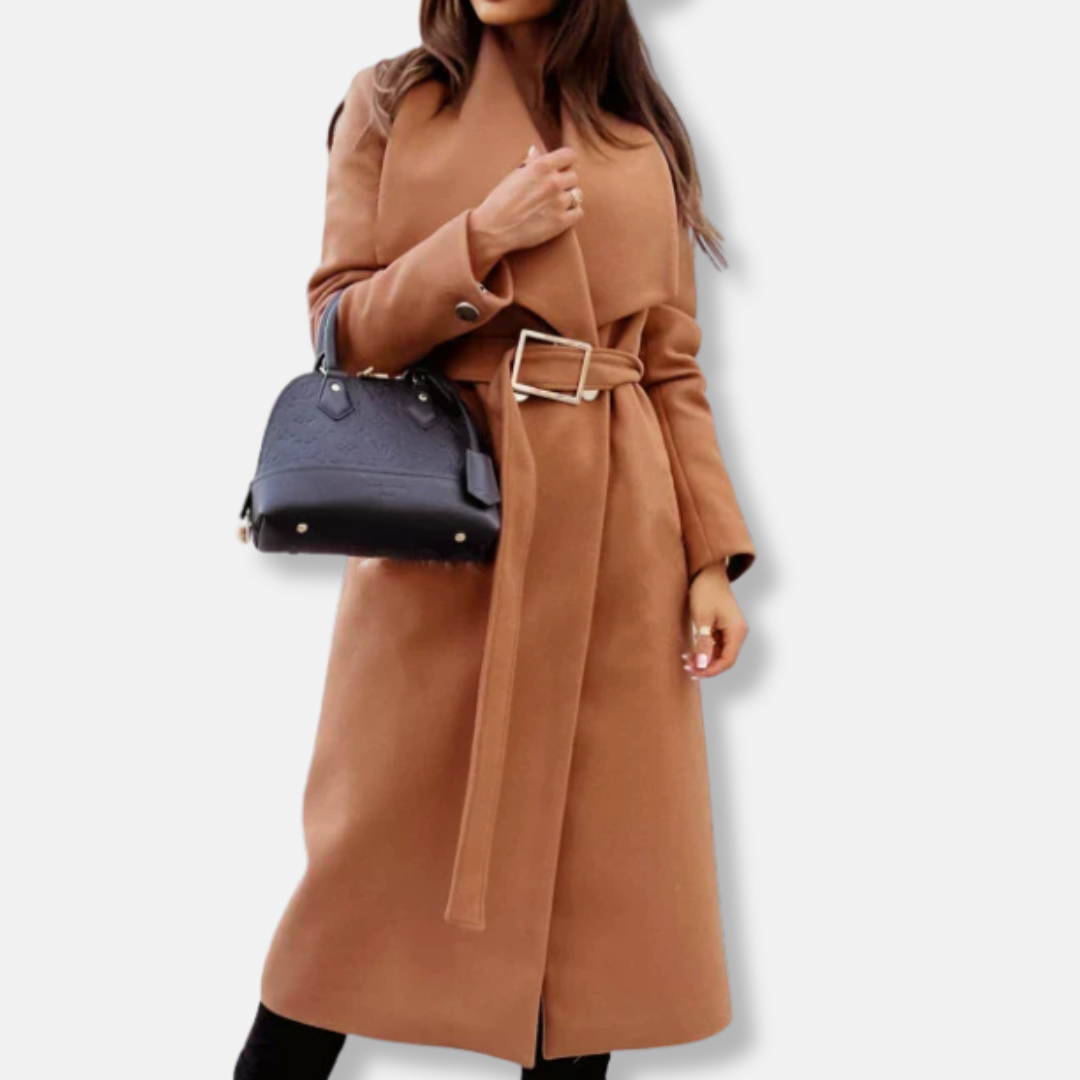 Berg-Feldt | Long manteau – Coupe décontractée sur mesure – Ceinture – Revers drapé – Boucle dorée