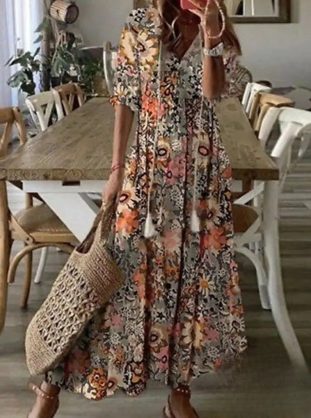 Robe berg-feldt pour femme : longue, imprimée, avec manches 3/4 et encolure en V