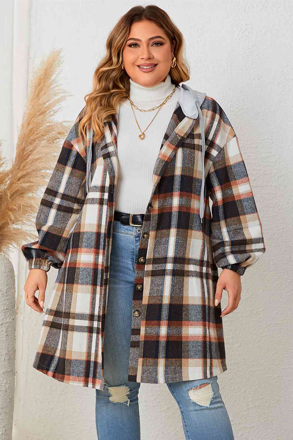 Berg-Feldt | Plus Size Karo Drop-Shoulder Kapuzenmantel