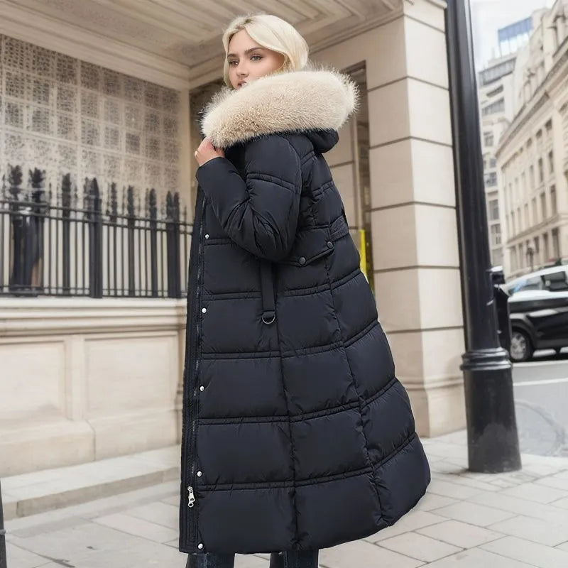 Berg-Feldt | Veste longue d'hiver pour femme avec capuche en fourrure et ceinture