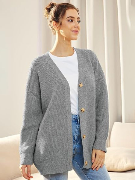 Berg-Feldt | Cardigan - Cardigan boutonné ample à col en V pour femme, collection automne