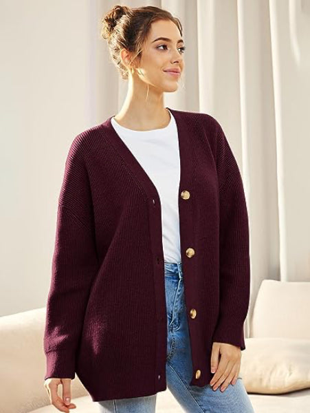 Berg-Feldt | Cardigan - Cardigan boutonné ample à col en V pour femme, collection automne