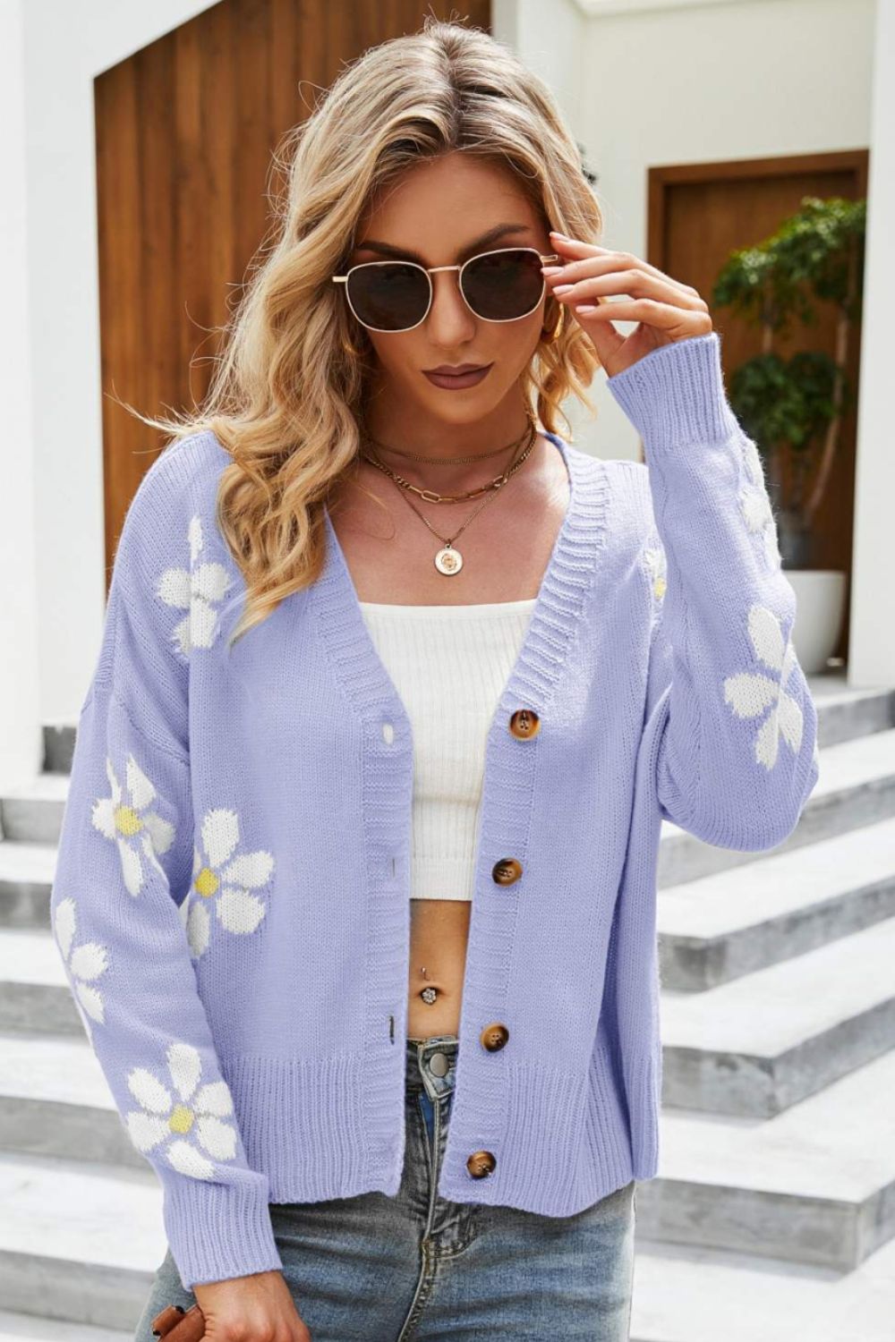Berg-Feldt | Floral Ribbed Trim Drop Shoulder Cardigan