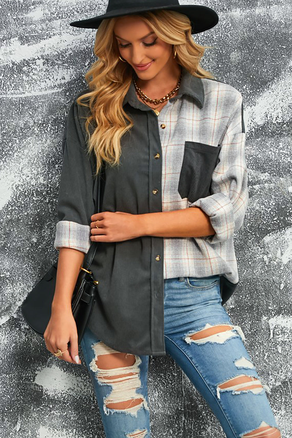 Berg-Feldt | Karierte Farbblock Gefallen Schulter Corduroy Shacket