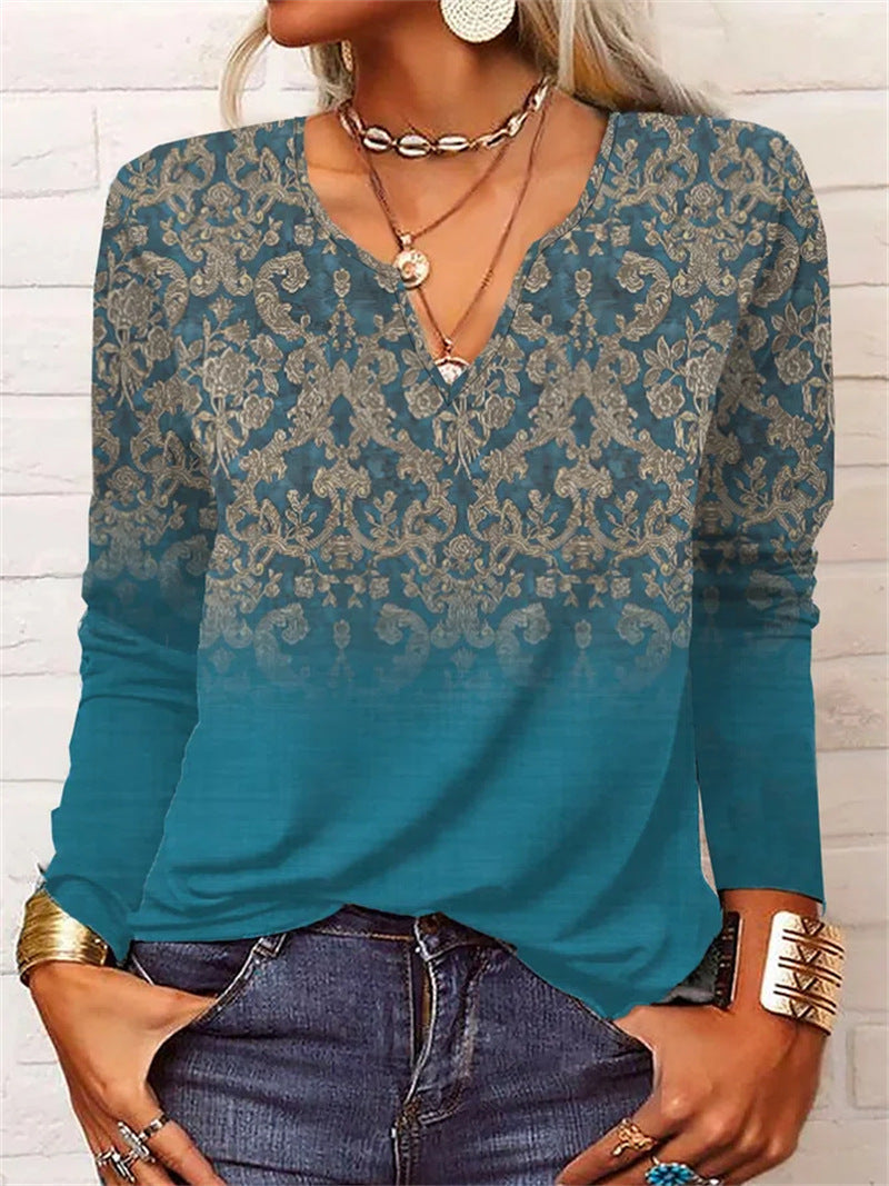 T-shirt à manches longues à fleurs et col en V ample Fudus pour femme