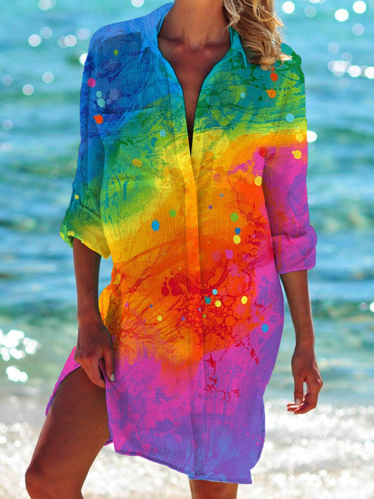 Strandkleid, Strickjacke, Badeanzug, Damenmode,  Fudus Print-Hemd für den Urlaub