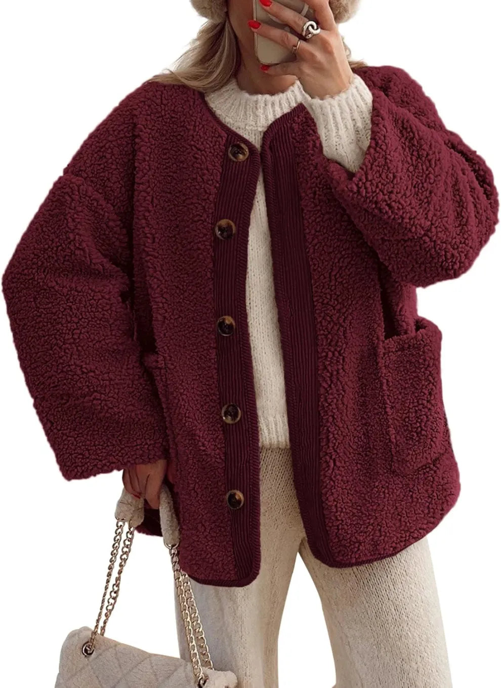 Berg-Feldt | Vestes d'hiver chaudes pour femmes - Veste polaire boutonnée à manches longues en sherpa décontractée