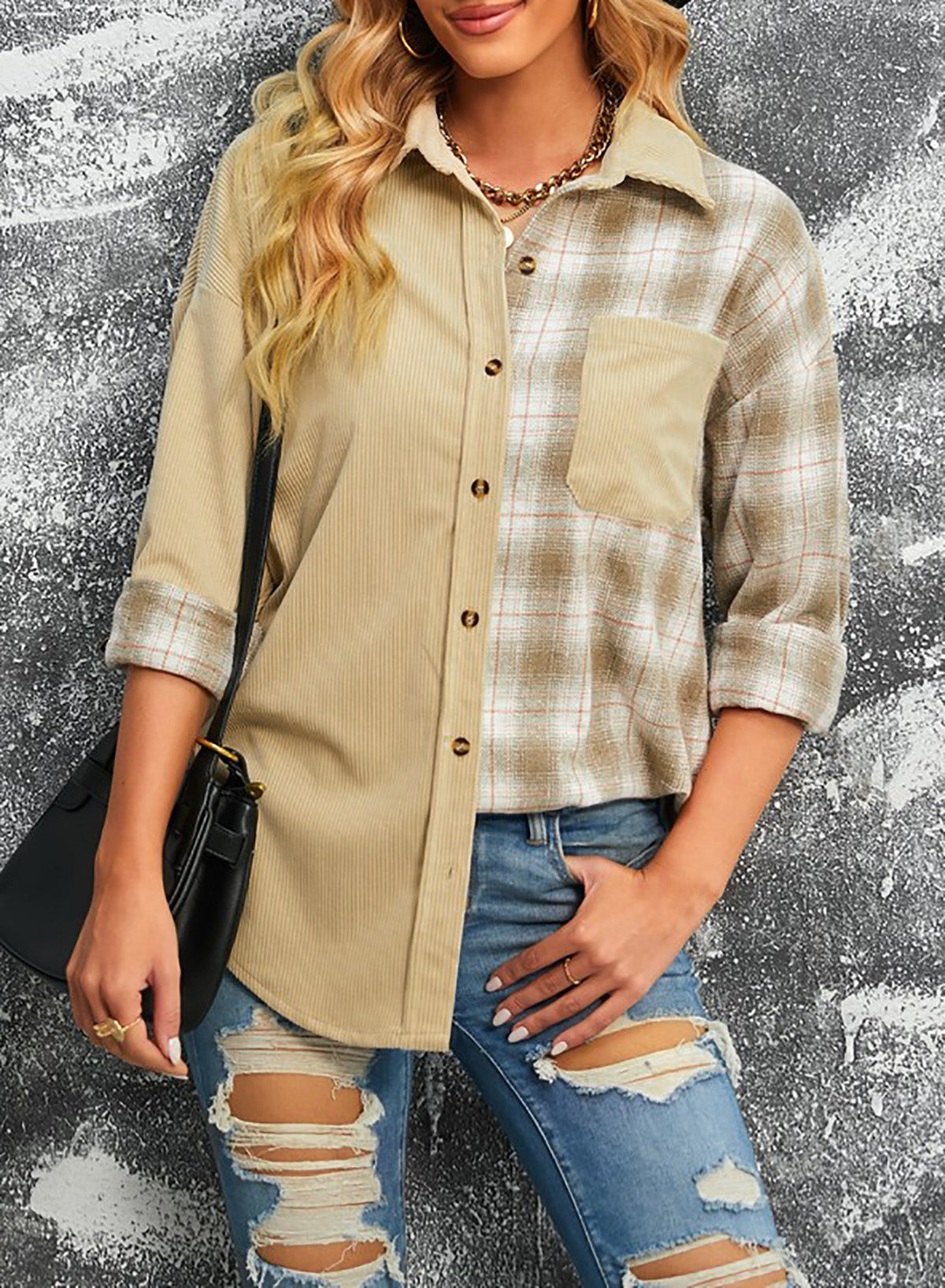 Berg-Feldt | Karierte Farbblock Gefallen Schulter Corduroy Shacket