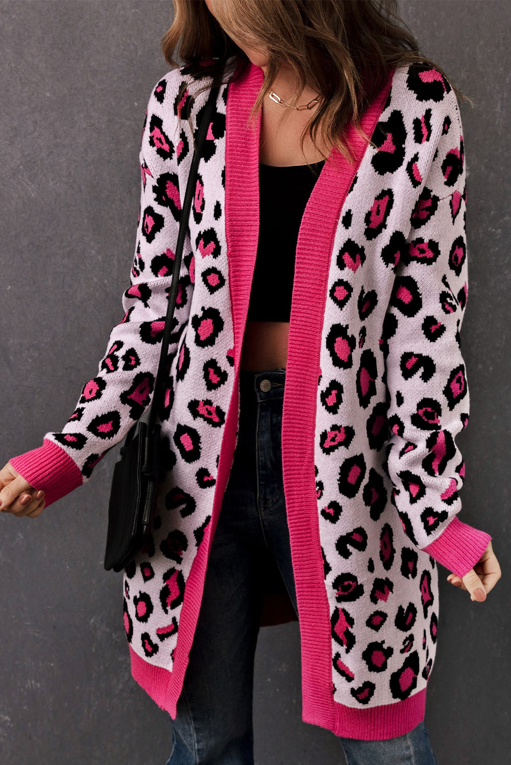 Berg-Feldt | Leopard-Kontrastbesatz Offene Vorderseite Langarmlange Strickjacke