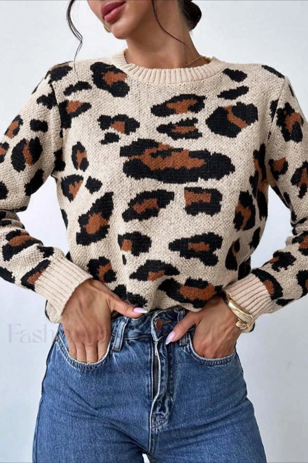 Berg-Feldt | Pullover mit Rundhalsausschnitt und Leopardenmuster in Blockfarben