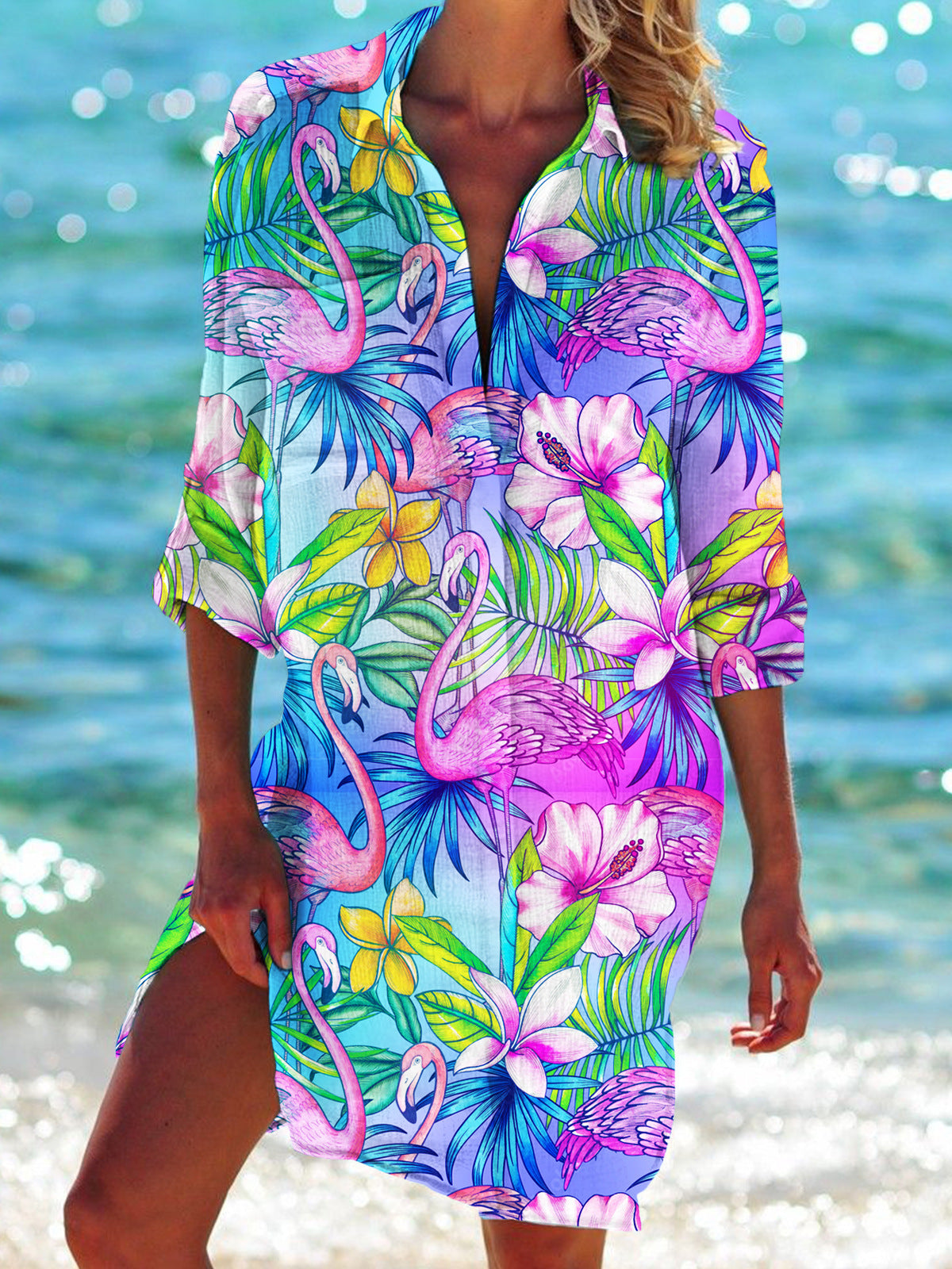 Strandkleid, Strickjacke, Badeanzug, Damenmode,  Fudus Print-Hemd für den Urlaub