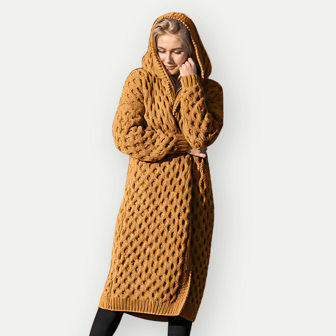 Berg-Feldt | Strickjacke - Lockere Passform - Langes Modell - Kapuze - Zopfmuster - Offene Vorderseite