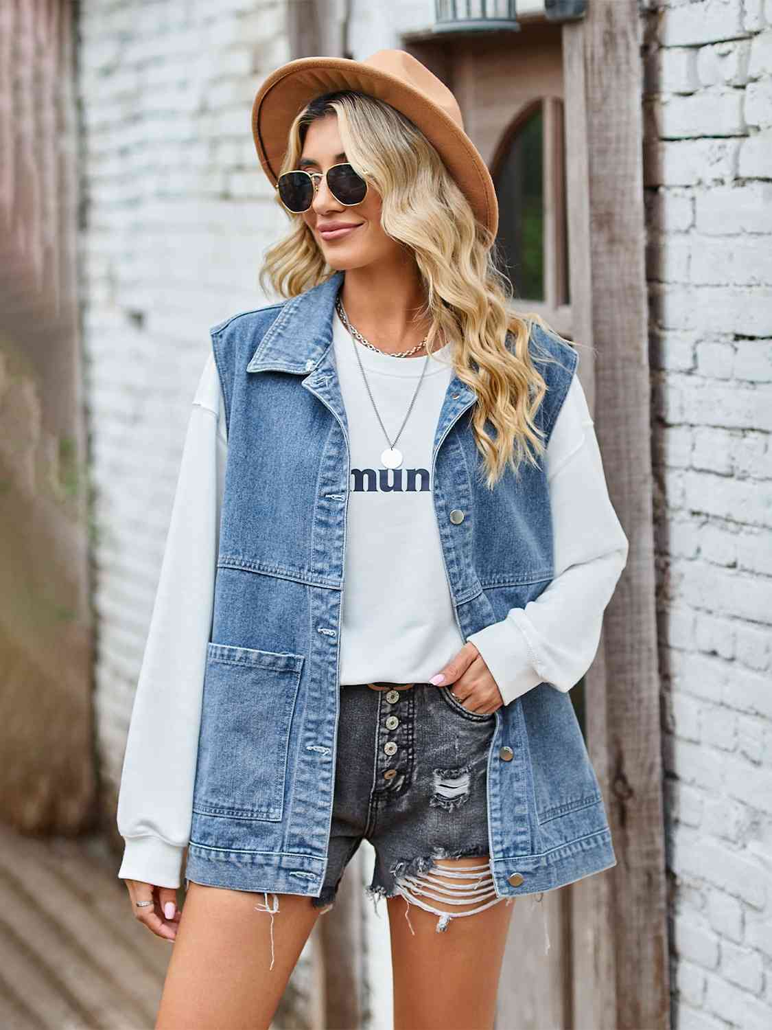 Berg-Feldt | Knopf-Front Ärmellose Jeansjacke