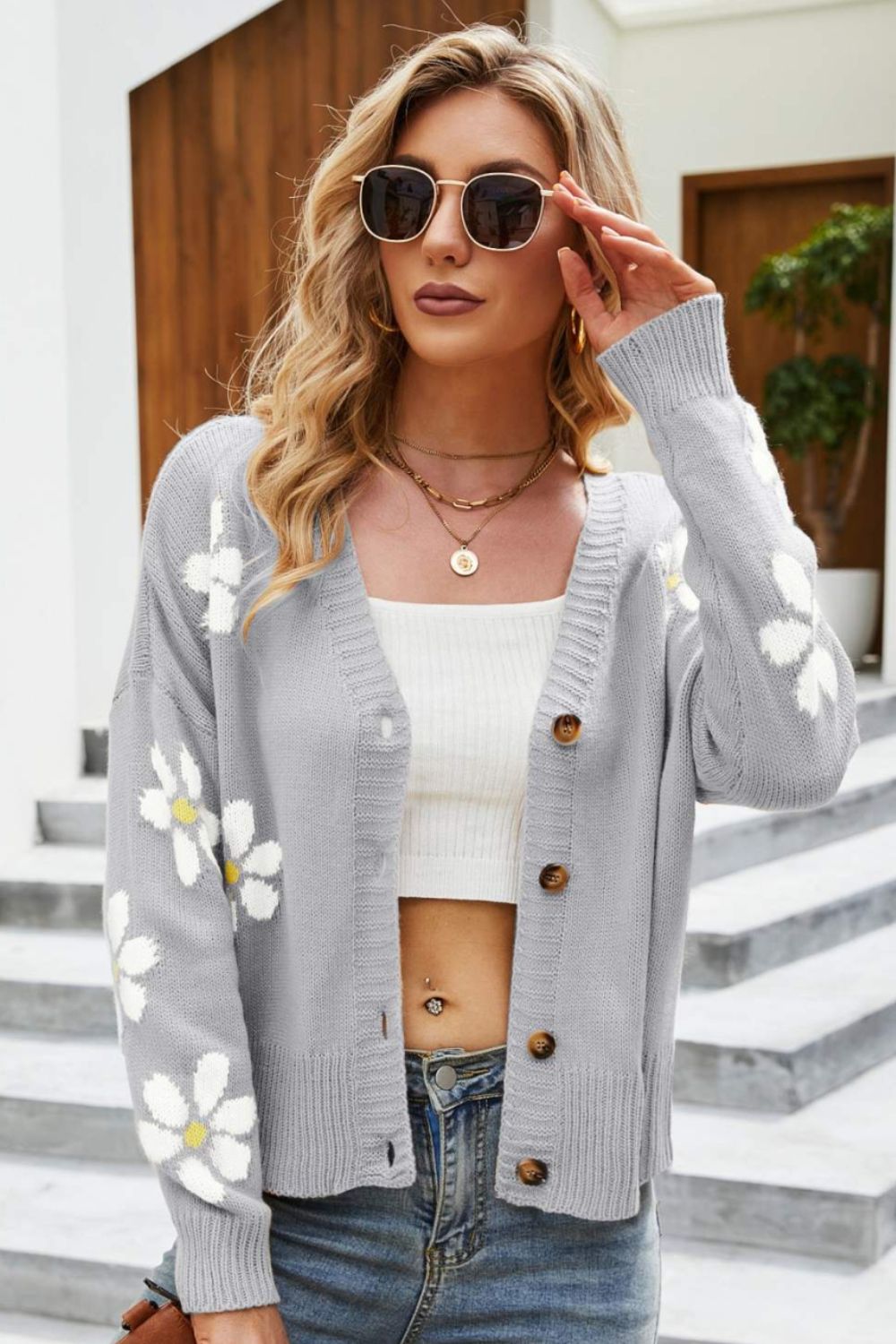 Berg-Feldt | Floral Ribbed Trim Drop Shoulder Cardigan