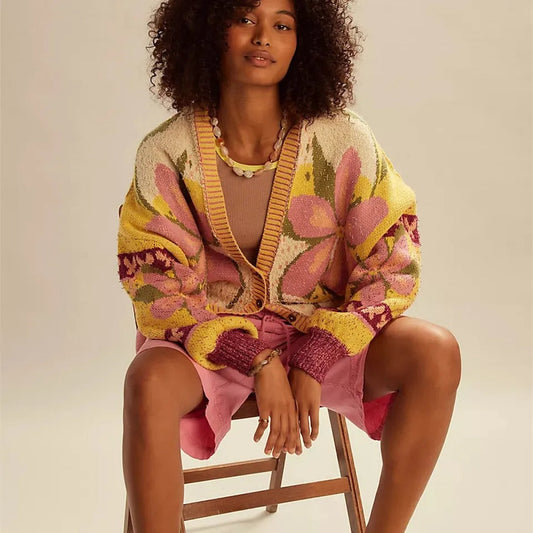 Berg-Feldt | florale Strickjacke mit weitem Schnitt und langen Ärmeln - Berg-Feldt
