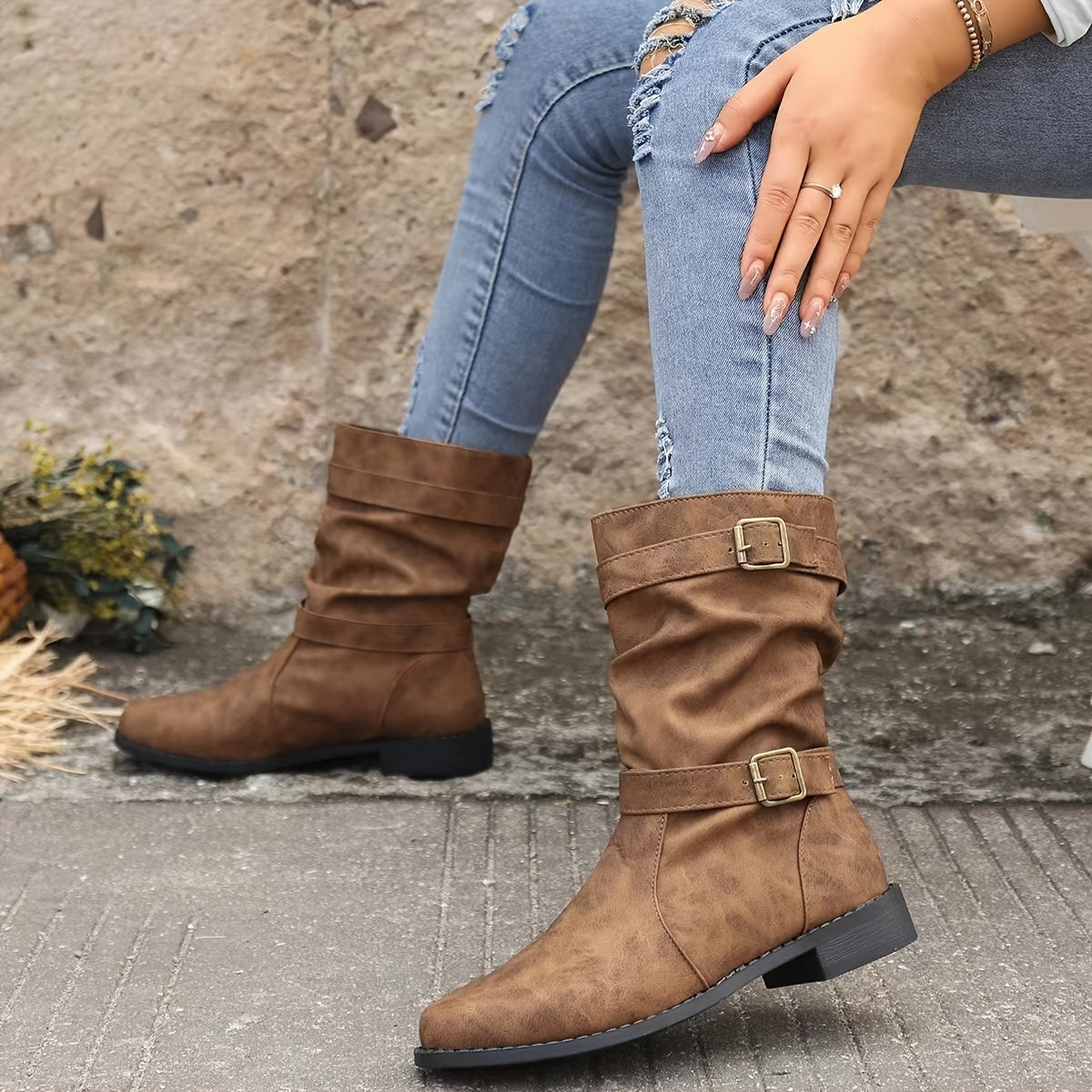 Berg-Feldt | Retro-Charme Schlabbernde Schnallen-Riemen Western Stiefeletten