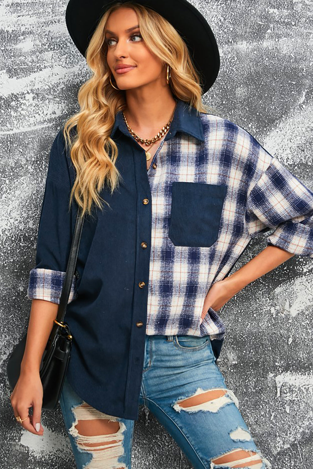Berg-Feldt | Karierte Farbblock Gefallen Schulter Corduroy Shacket